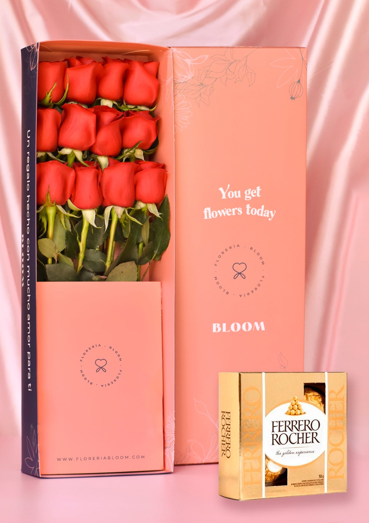Caja con 12 rosas rojas premium y bombones Ferrero Rocher para San Valentín. Detalle romántico y dulce para sorprender en Lima.