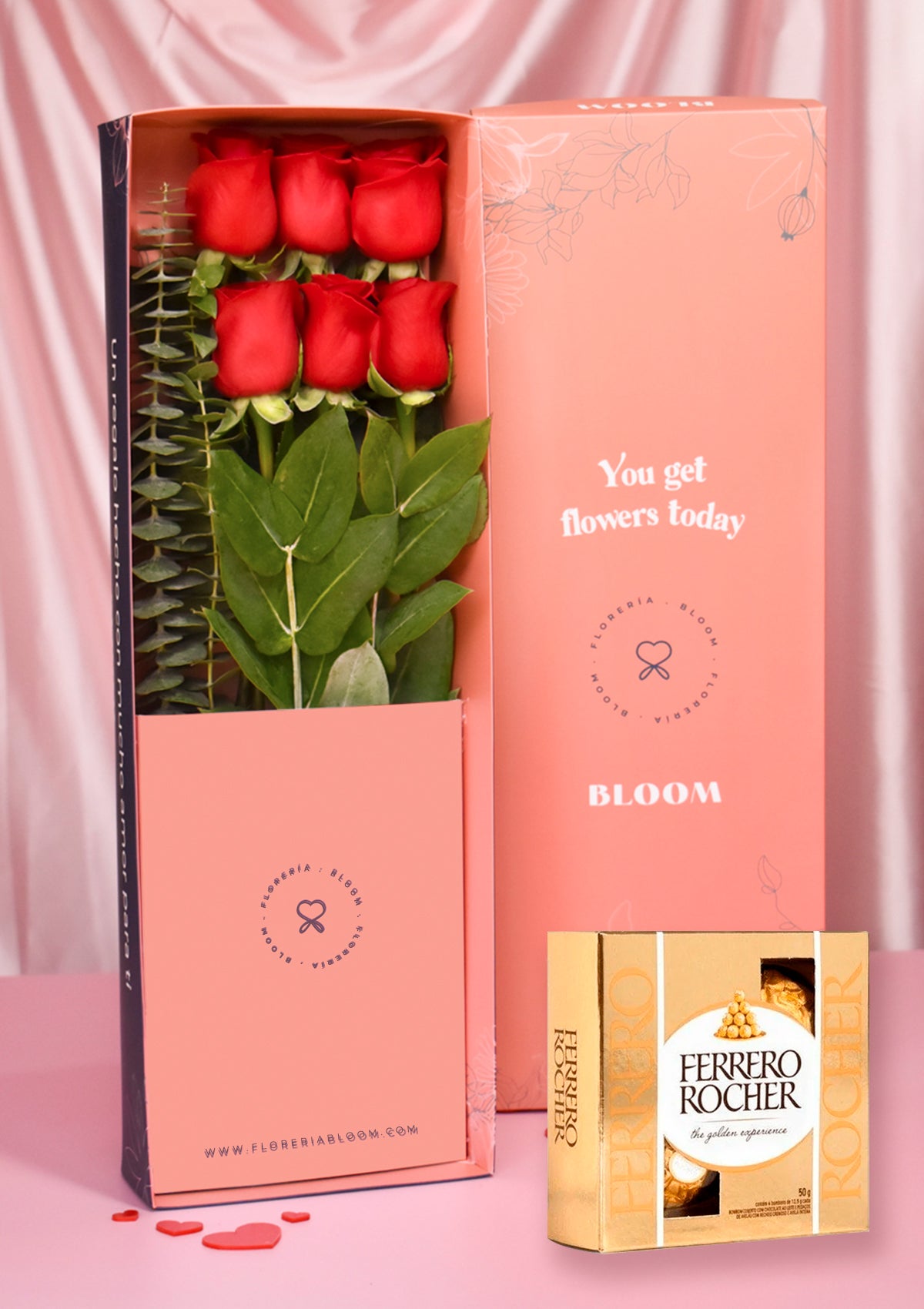 Caja con 6 rosas rojas premium y bombones Ferrero Rocher para San Valentín. Regalo romántico y dulce para sorprender en Lima.