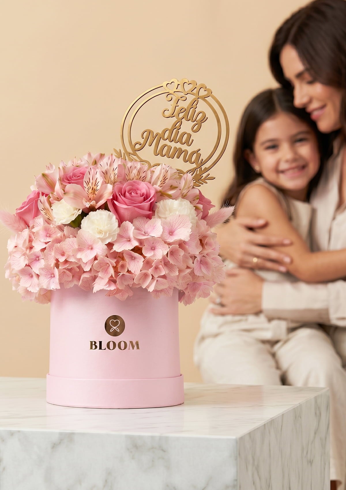 Caja flores rosadas para mamá con hortensias y astromelias — Florería Bloom