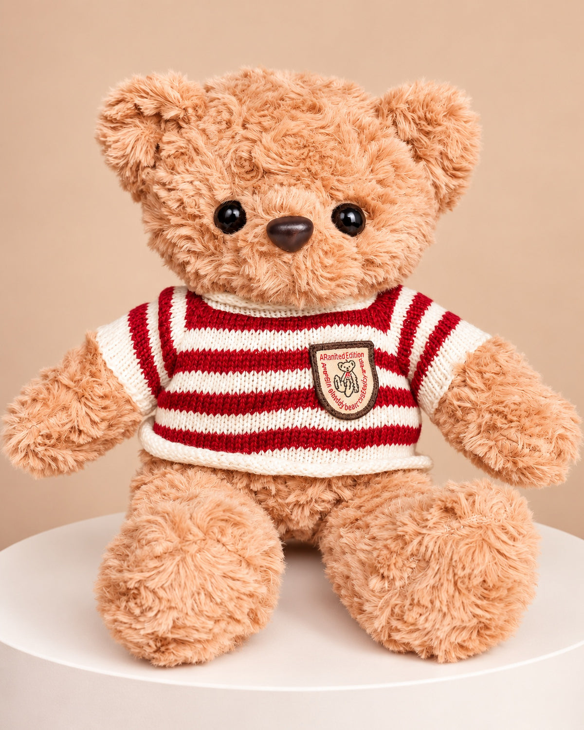 Oso Amoroso de peluche con chompa a rayas rojas y blancas - Florería Bloom
