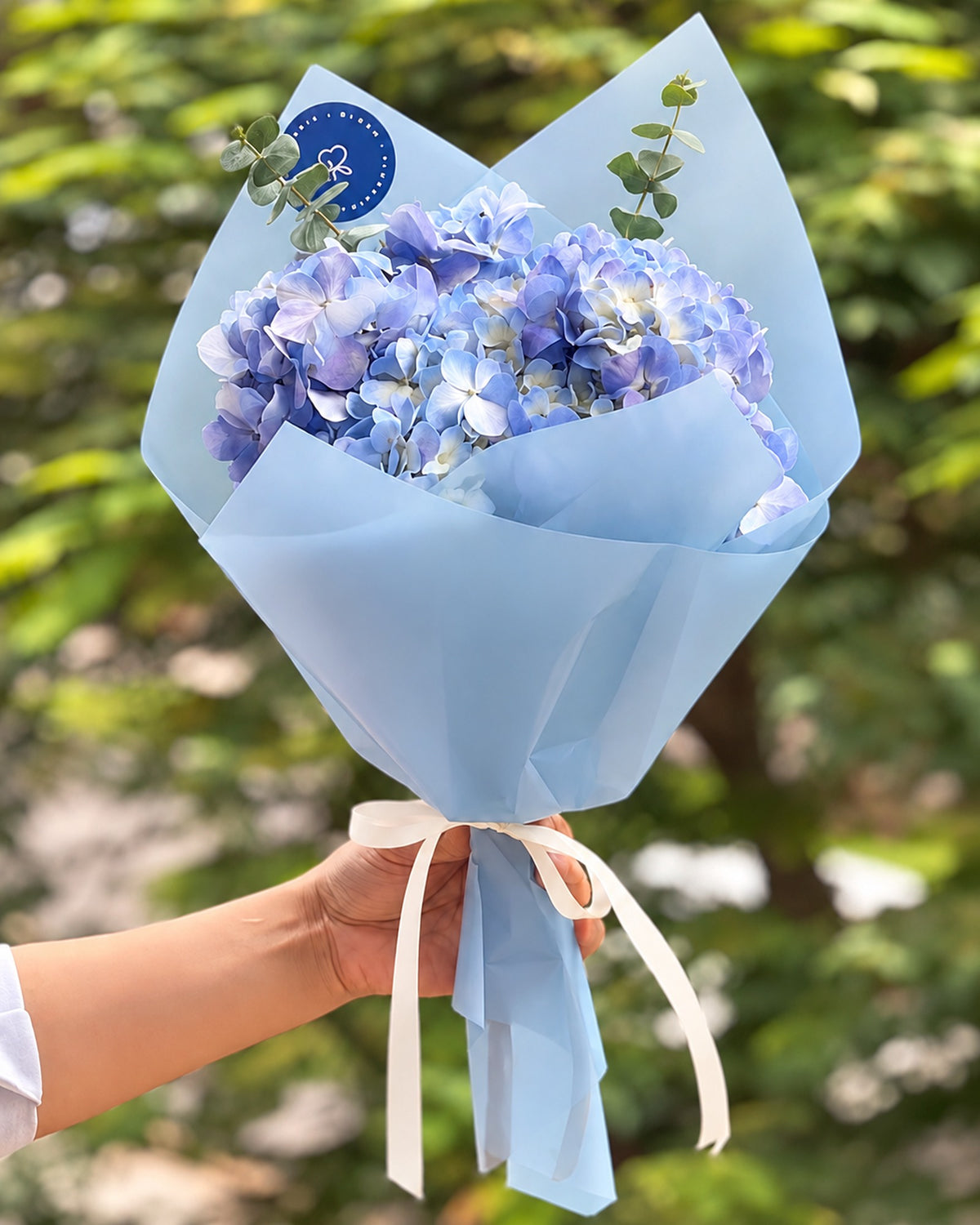 Ramo de hortensias azules con lazo blanco para el Día del Novio - Florería Bloom Lima