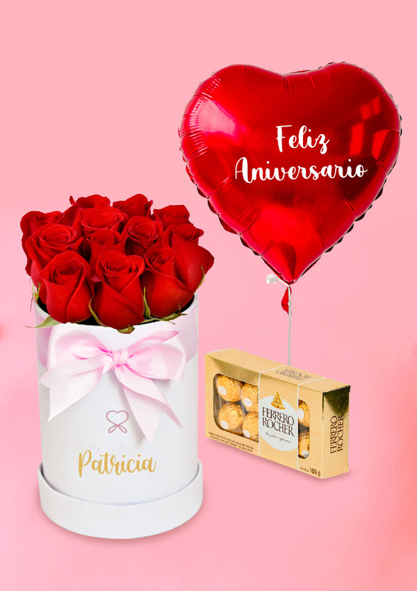Pack Box 12 rosas+ Globo y chocolates