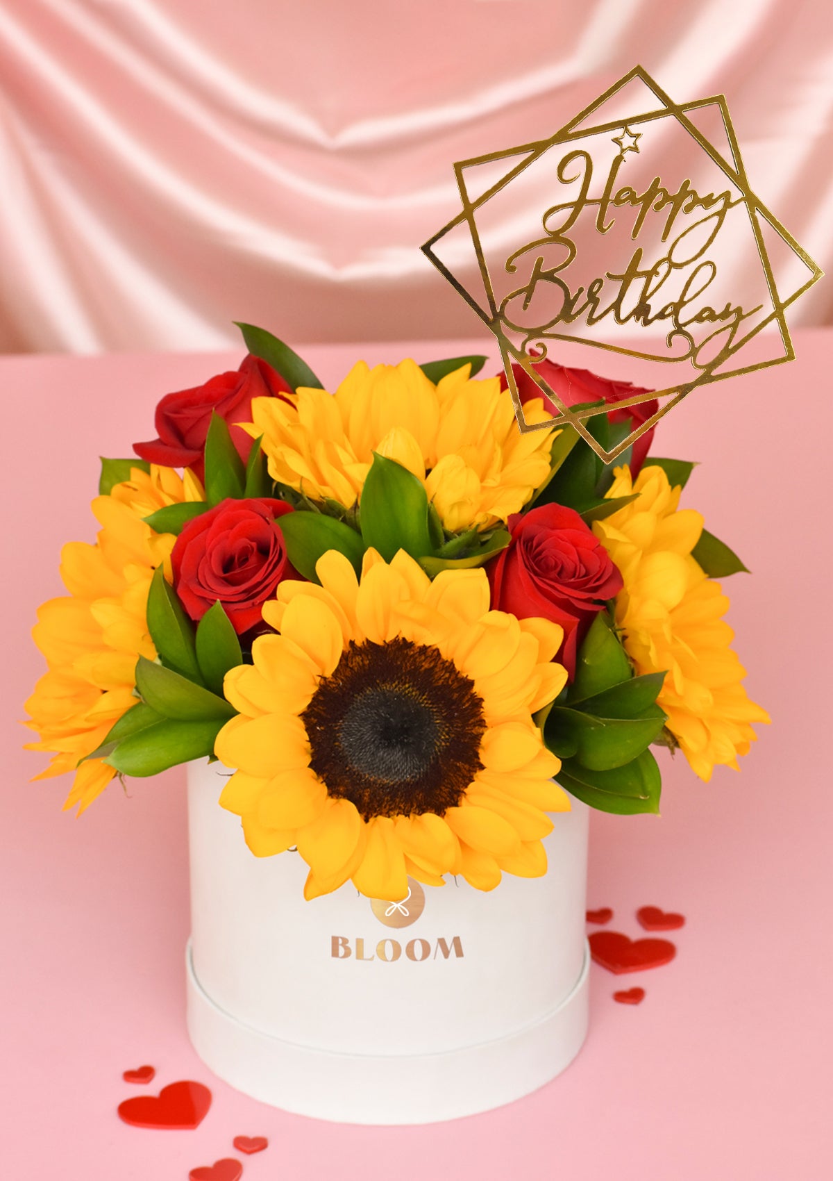 Box de Girasoles con Rosas y Topper Cumpleaños