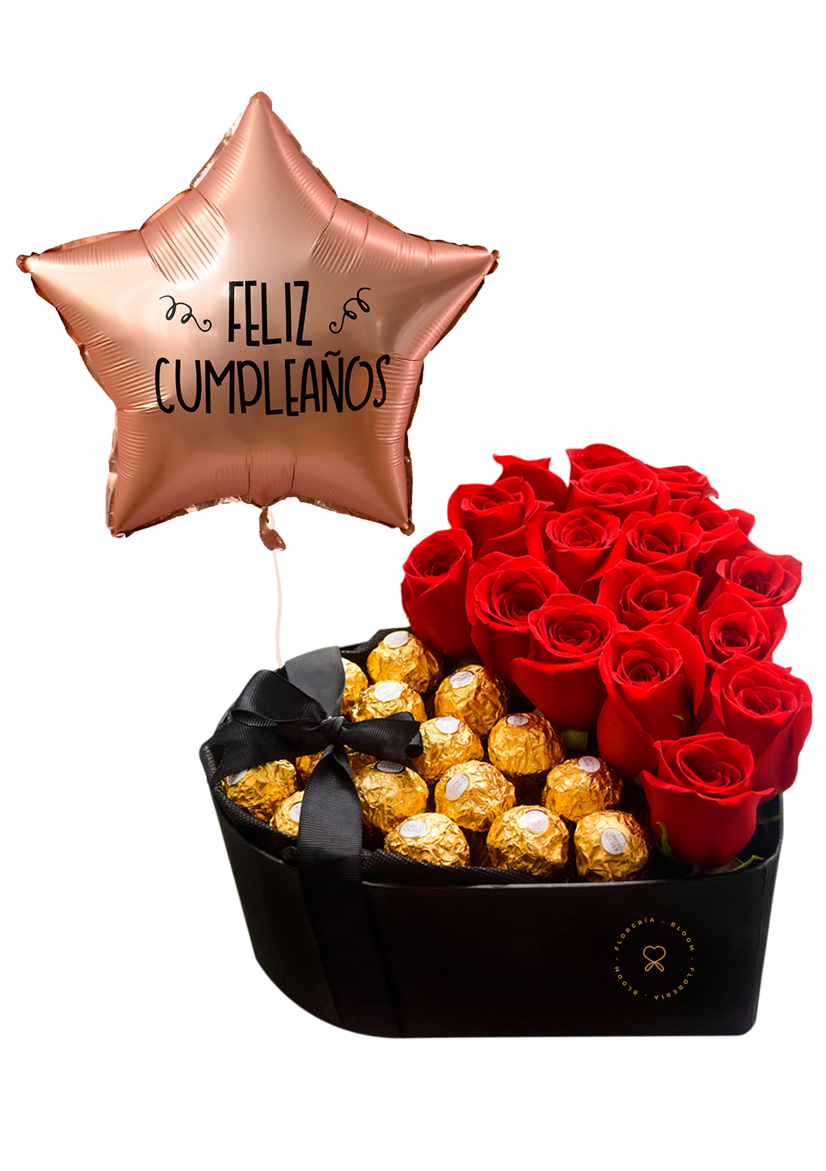 Caja Corazón + bombones Ferrero Rocher + Globo Feliz Cumpleaños