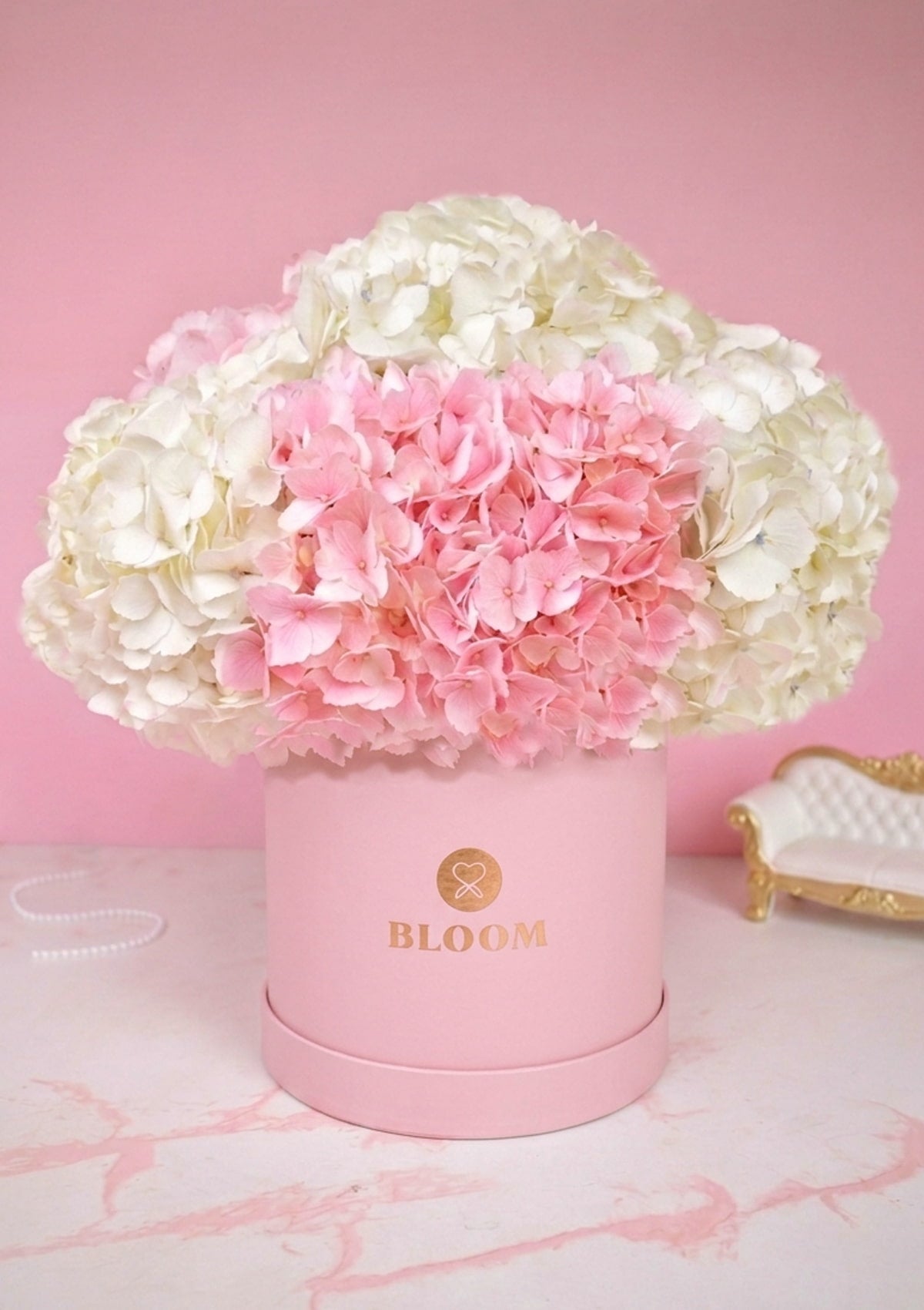 Box de Hortensias rosadas y blancas