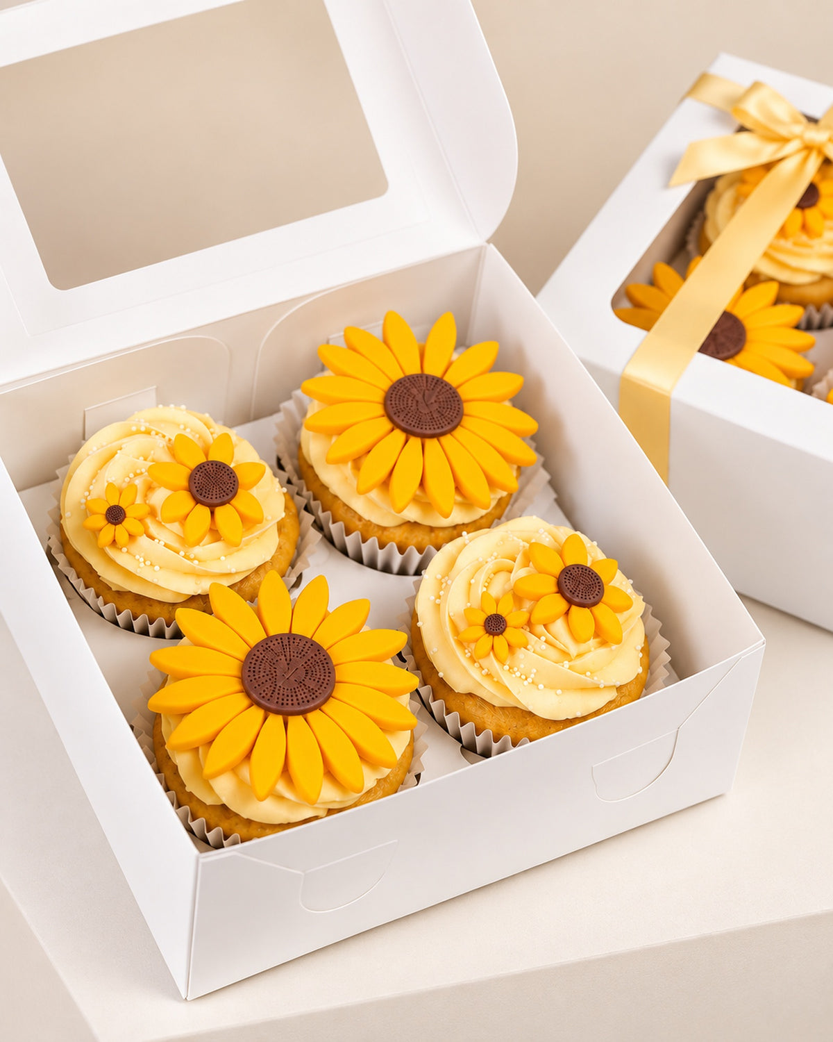 Caja de 4 cupcakes decorados como girasoles para regalar como flores amarillas este 21 de septiembre con delivery en Lima y Callao