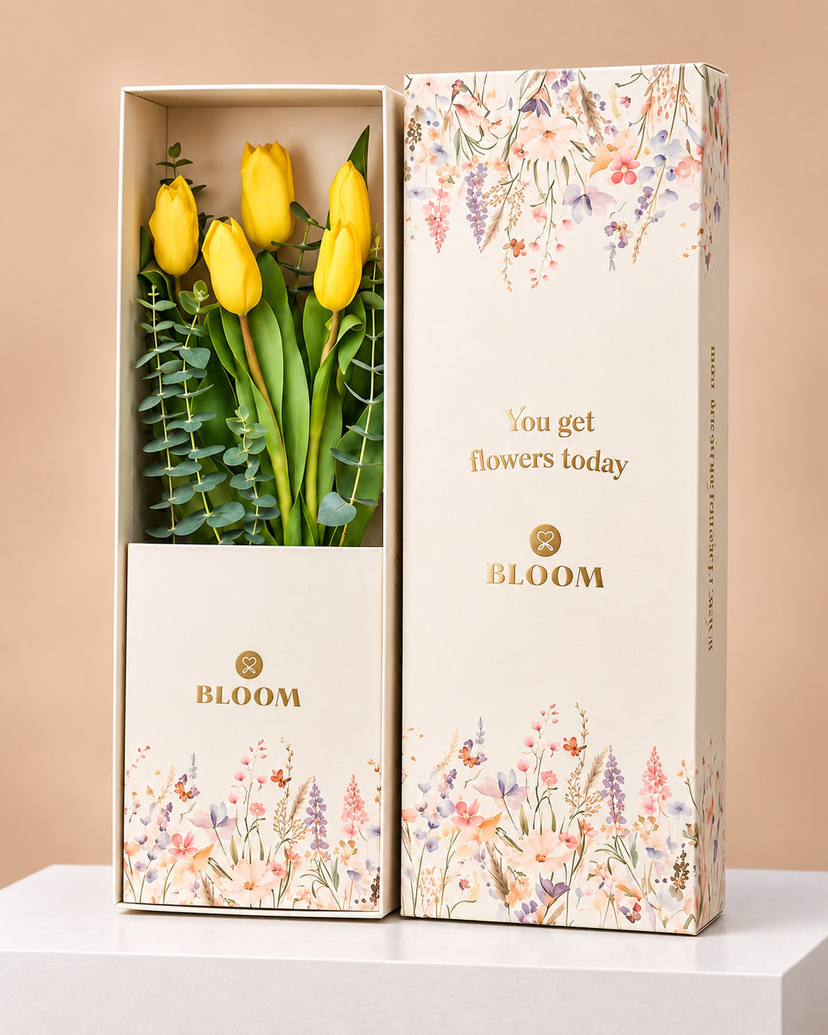 Caja con 5 tulipanes amarillios ideal como regalo de flores amarillas para el 21 de septiembre con delivery en Lima y Callao