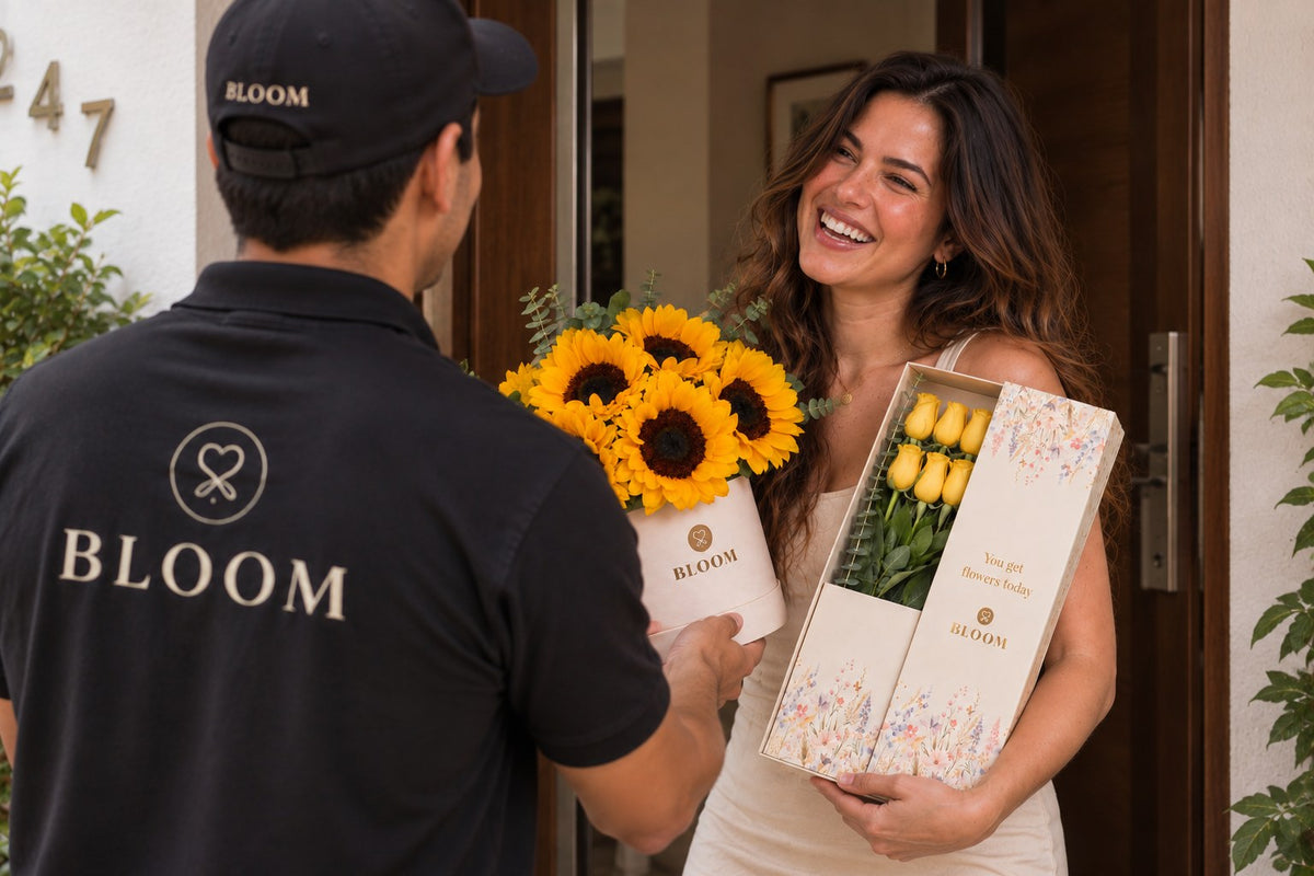 Repartidor de Florería Bloom entregando girasoles y una caja de rosas amarillas en Lima