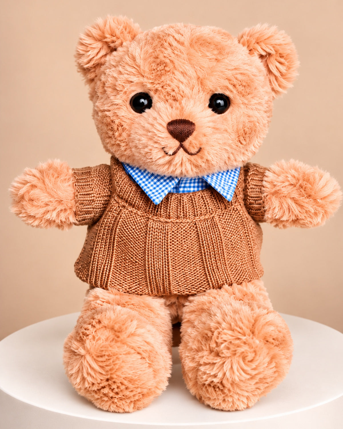 Oso de peluche Bloom con chompa tejida marrón y cuello a cuadros - Florería Bloom