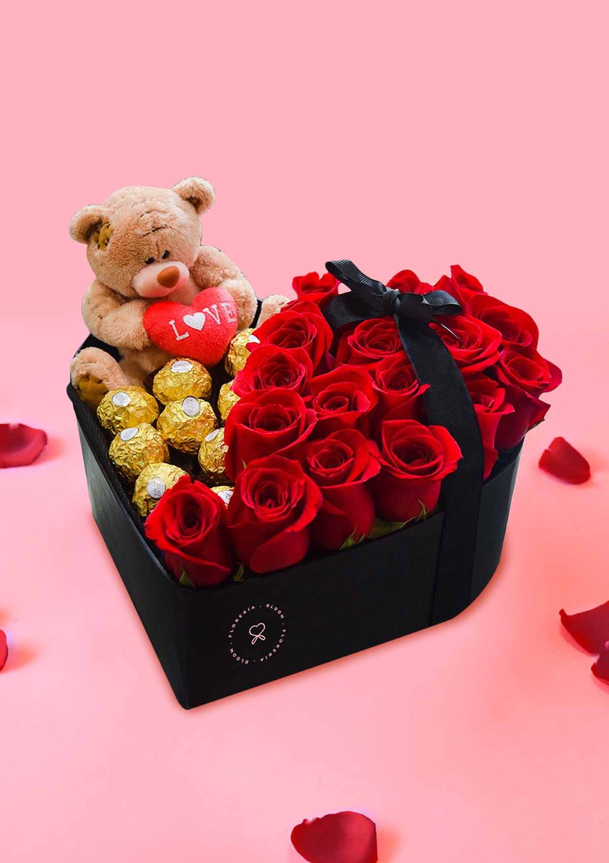 Box Corazon con rosas + chocolates + peluche SV23 - Florería Bloom