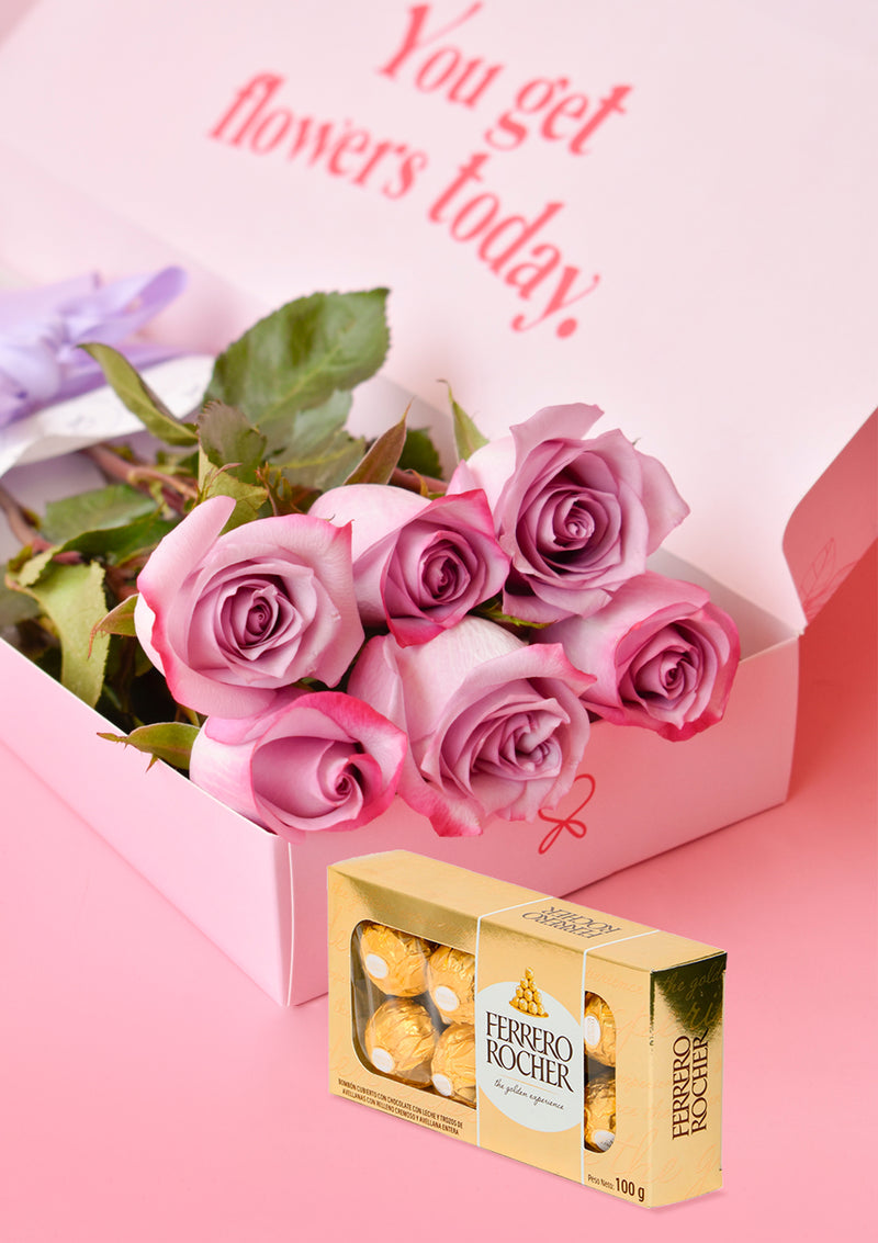 Caja Clásica con 6 Rosas + Chocolates