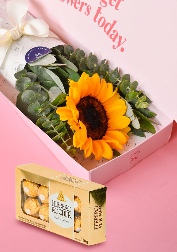 Caja Clásica con 1 Girasol + CHOCOLATES