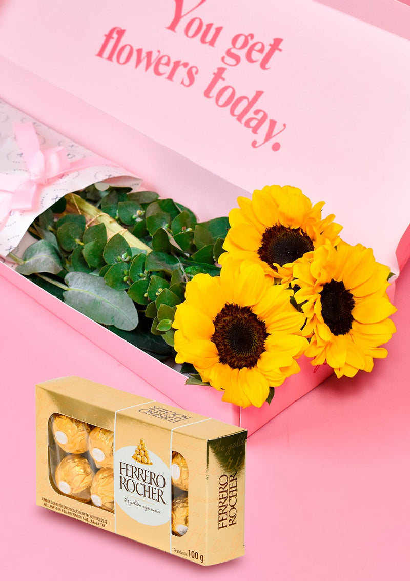 Caja Clásica con 3 Mini Girasoles + CHOCOLATES