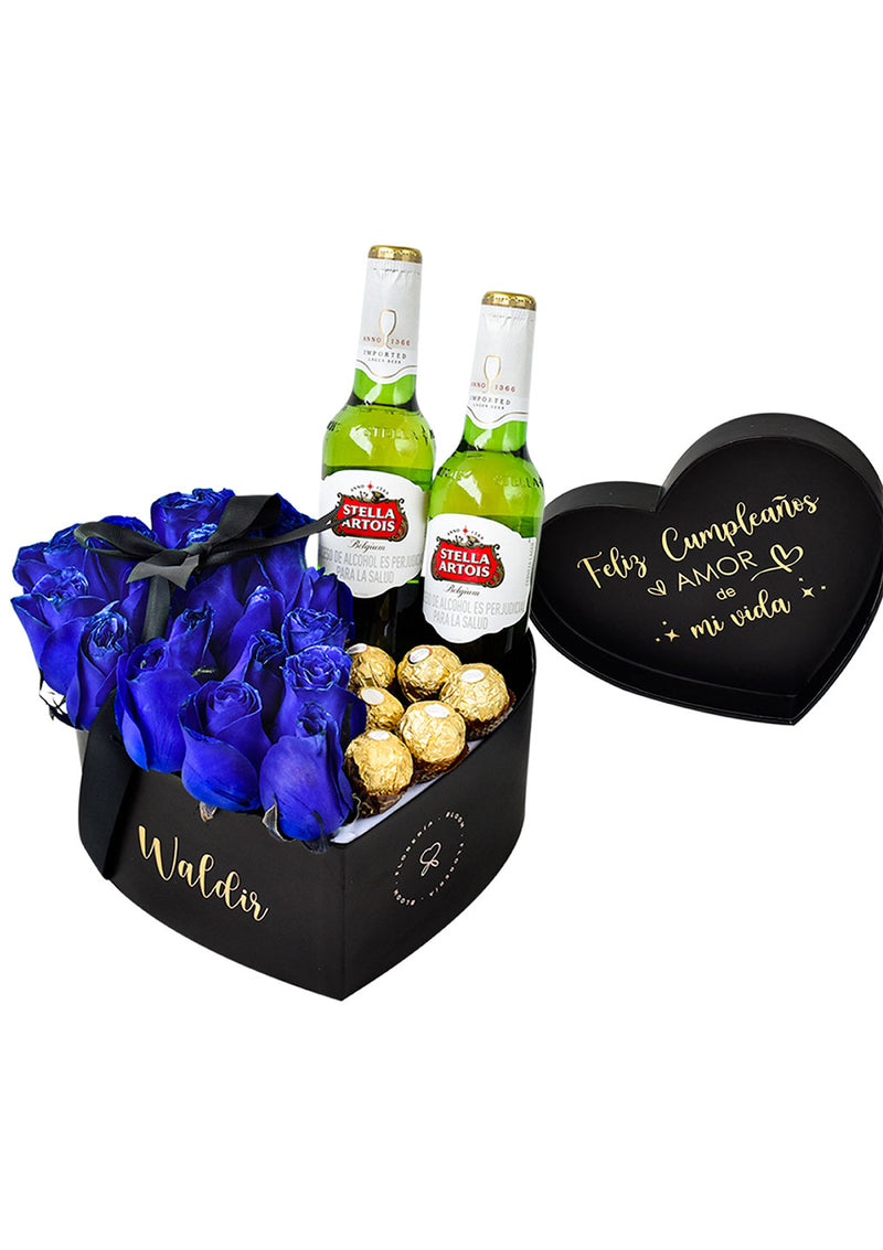 Heart box with blue roses + Beers and chocolates