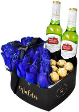 Heart box with blue roses + Beers and chocolates