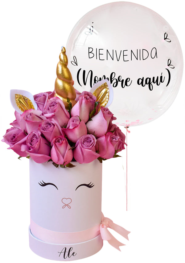 Box Unicornio Pequeño + Globo burbuja "BIENVENIDA" - Florería Bloom