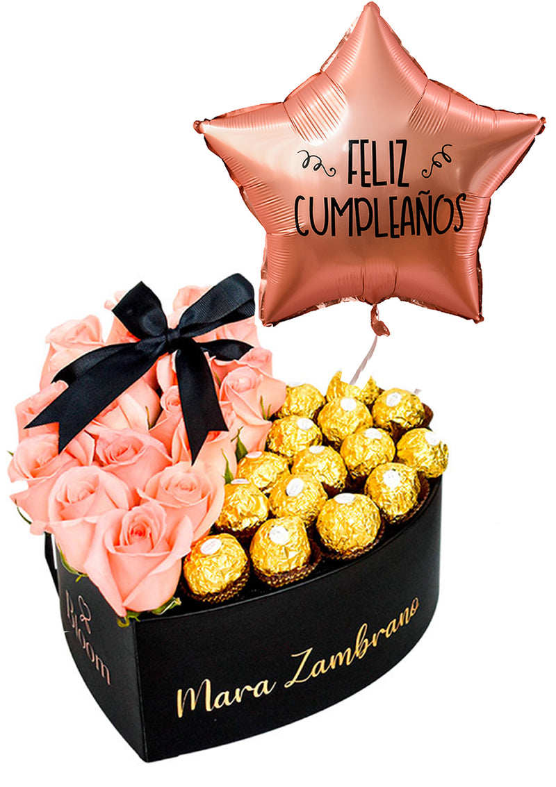 Caja Corazón + bombones Ferrero Rocher + Globo Feliz Cumpleaños