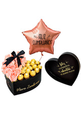 Caja Corazón + bombones Ferrero Rocher + Globo Feliz Cumpleaños