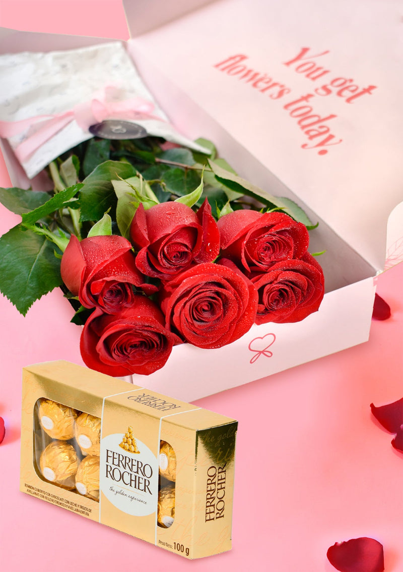 Caja Clásica con 6 Rosas + Chocolates
